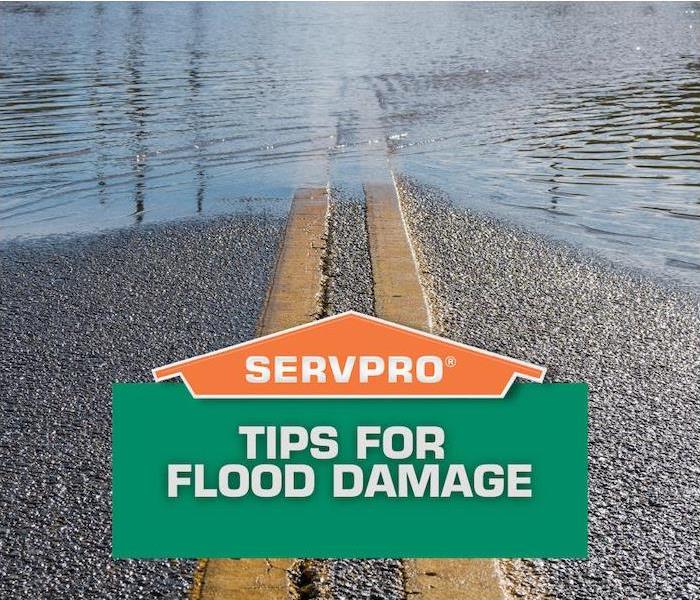 Flooded street with caption “Tips for Flood Damage.”